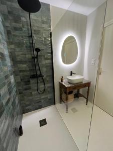 un bagno con lavandino e doccia con specchio di La petite Maison Mima a Le Champ-sur-Layon