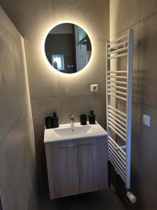 a bathroom with a sink and a mirror at Vakantiehuisje in Lunteren aan de rand van het bos in Lunteren +22 photos