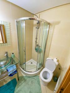 a bathroom with a shower with a toilet and a sink at Apparemment asilah marina golf in Asilah