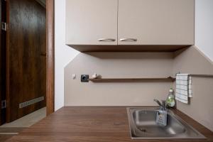 a kitchen with a sink and a wooden counter top at Kollar D Guest House - Prenoćište ROOMS in Subotica +93 photos