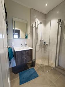 a bathroom with a sink and a shower at Ferienwohnung-Ohetal in Breddenberg