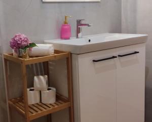 ein Badezimmer mit einem Waschbecken und einer Theke mit Handtüchern in der Unterkunft Szczyrkowska Ostoja in Szczyrk + 18 Fotos