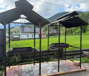 a pavilion with a picnic table and a field at У Ґазди in Synevyrsʼka Polyana