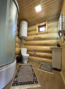 a bathroom with wooden walls and a toilet and a sink at У Ґазди in Synevyrsʼka Polyana +7 photos