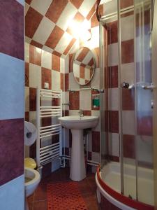 a bathroom with a sink and a shower at PENSIUNEA DORINA in Praid +30 photos