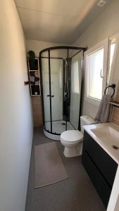 a bathroom with a shower and a toilet and a sink at Vila Mia 3, camp Limoni in Sukošan