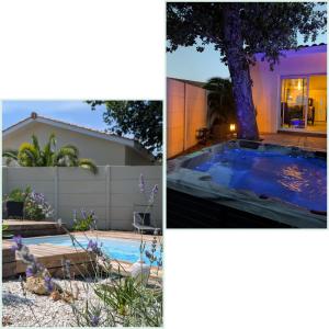 a house with a swimming pool and a tree at L'échappée médocaine, deux maisons indépendantes in Cussac-Fort-Medoc