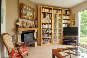 a living room with a fireplace and book shelves at La parenthèse familiale in Saint-Cyr-sur-Loire