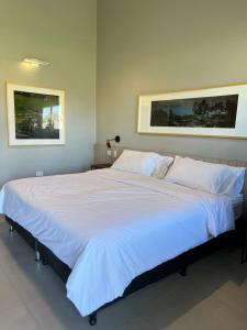a large bed in a bedroom with two pictures on the wall at La posta in Tafí Viejo