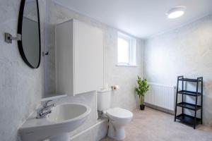 une salle de bain avec un lavabo, des toilettes et un miroir dans l'établissement No 7 Moorfield Road - 3 Bed Townhouse - Narberth, à Narberth 42 autres photos
