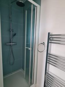 a shower with a glass door in a bathroom at The Trout Inn in Wansford