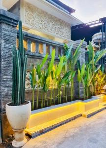 a cactus in a pot in front of a wall with plants at Cliff House Bali With Private Pool in Sukasada