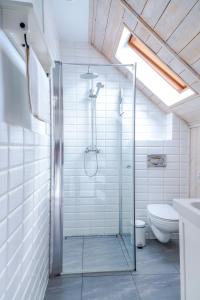 a glass shower in a bathroom with a toilet at Apartament z tarasem in Stegna +19 photos
