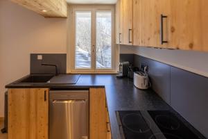 eine Küche mit einer Spüle, einem Herd und einem Fenster in der Unterkunft T3 entièrement rénové, à 3 minutes des pistes in La Salle Les Alpes