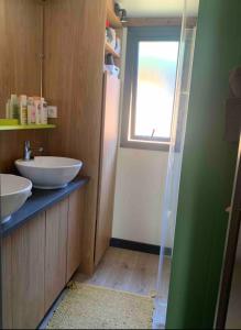 une salle de bain avec un lavabo, un miroir et une fenêtre dans l'établissement Chalet cozy dans Village au cœur des pins, parking gratuit, à Onesse-et-Laharie