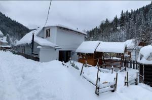 a house with snow on the ground next to a building at Садиба ''У Марії'' in Bystrets