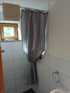 a shower curtain in a bathroom with a sink at Schlafende Hexe in Bischofswiesen
