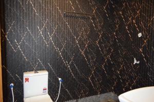 a bathroom with a toilet and a black wall at Golden Beach Cottages in Trincomalee +40 photos