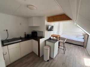 a small room with a kitchen and a bed at Waterzicht 3 in Uitwellingerga