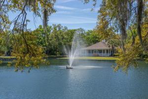 a fountain in the middle of a lake with a house at Ocean Walk A1 in Saint Simons