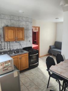 una cocina con fregadero y estufa horno superior en Apartamento 7, en El Calafate
