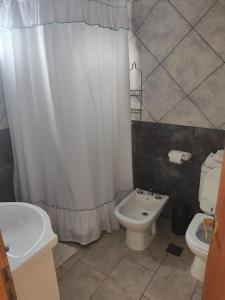 Un baño con lavabo, inodoro y cortina de ducha. en Apartamento 7, en El Calafate