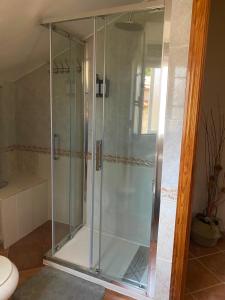 a glass shower in a bathroom with a toilet at Casa Rural La Abuela Obdulia in Piornal +25 photos