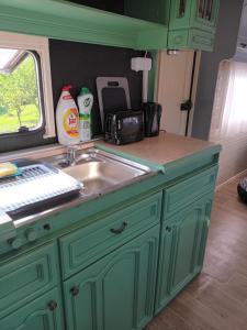 a green kitchen with a sink and a window at CHILLY WILLY Retro Caravan & Hot Tub in Jablonov nad Turnou +22 photos