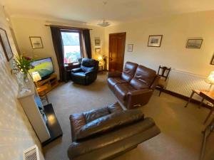 a living room with a leather couch and a television at Merrihaven - luxury cottage with sea views in Saint Abbs