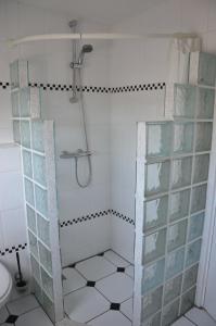 a shower with a glass door in a bathroom at Pension 't hofje 350 meter van het strand in Noordwijk aan Zee