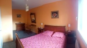 a bedroom with a bed with a pink blanket at La Naute in Saint-Paulien