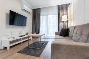 ein Wohnzimmer mit Couch und Flachbildfernseher in der Unterkunft Golden Apartments - Luxury Stay for up to 15 Guests in Mennica Residence, Warsaw Center in Warschau