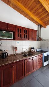 マラルグエにあるMalargüe al Sur, departamentosの木製のキャビネットとシンクを備えたキッチン