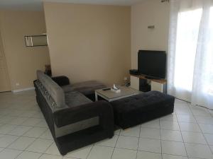a living room with a couch and a tv at Maison privée 106m2 avec 3 chambres et jardin in Saint-Médard-en-Jalles