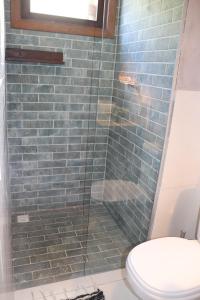 a bathroom with a glass shower with a toilet at Zenhousepipa in Pipa
