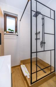 a bathroom with a shower with a glass enclosure at Ama Garden Apartment Busteni in Buşteni +51 photos