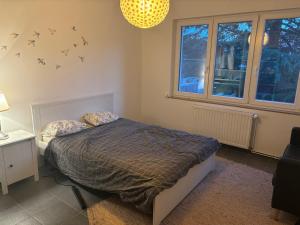 a bedroom with a bed with birds on the wall at flatwatermael in Brussels
