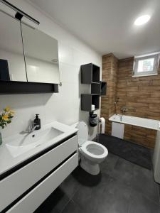 a bathroom with a toilet and a sink and a tub at Garden Apartments in Kráľovský Chlmec +28 photos