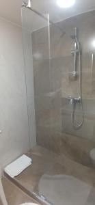a bathroom with a glass shower and a toilet at Panoramic 2 bedrooms Ennassr in Ariana +1 photo