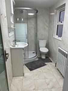 a bathroom with a shower and a toilet and a sink at Wellesley Apartments in Great Clacton