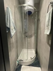 a shower with a glass door in a bathroom at KAI Condo 3 Min Walking to Beach in Donja Lastva