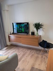 a living room with a flat screen tv on a wooden entertainment center at Studio de 29m2-SANTANA in Sao Paulo