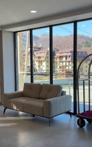a couch in a room with a large window at Bakuriani Crystal Loft Apt in Bakuriani