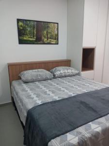a bed in a bedroom with a picture on the wall at Westfit Mossoró conforto e praticidade para duas pessoas na melhor localização de Mossoró in Mossoró