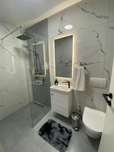 a bathroom with a toilet and a sink and a shower at Studio8 centerapartment Prizren in Prizren