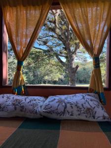 a bedroom with two pillows and a window with a tree at Chalé Inhambu Tiradentes in Tiradentes