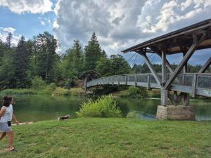 a woman standing next to a river with a bridge at Duplex lumineux cocooning proche de suisses in Pontarlier