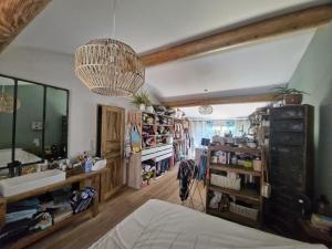 een kamer met een bed, een wastafel en een spiegel bij Beautiful villa with pool in Provence in Sisteron +15 foto's