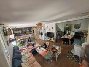 een woonkamer met een blauwe bank bij Beautiful villa with pool in Provence in Sisteron