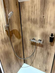a shower in a bathroom with a wooden wall at Les Rubys in Tarcenay
